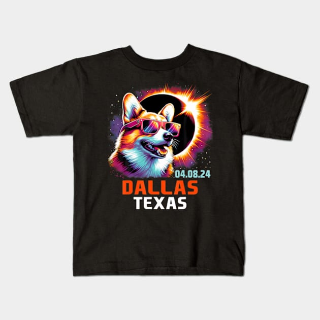 Dallas Texas Total Solar Eclipse 2024 Corgi Dog Kids T-Shirt by SanJKaka